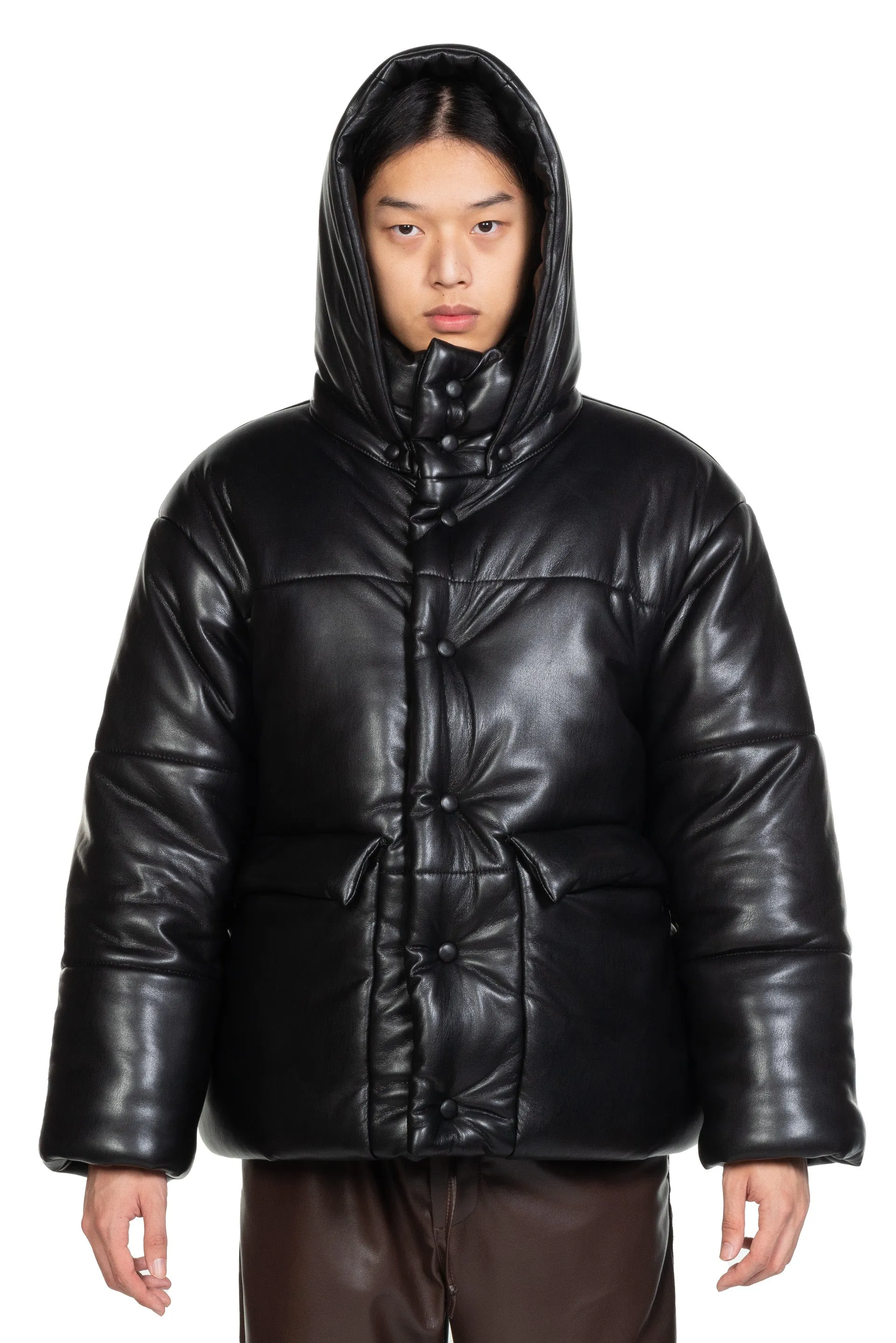 Black Vegan Leather Puffer Jacket