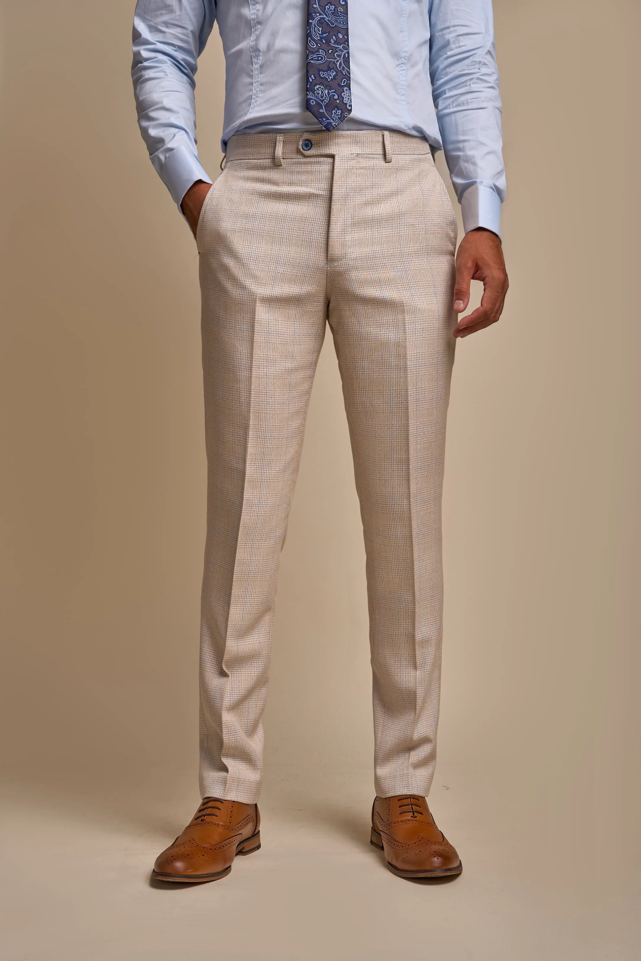 Caridi Beige Short Check Three Piece Suit