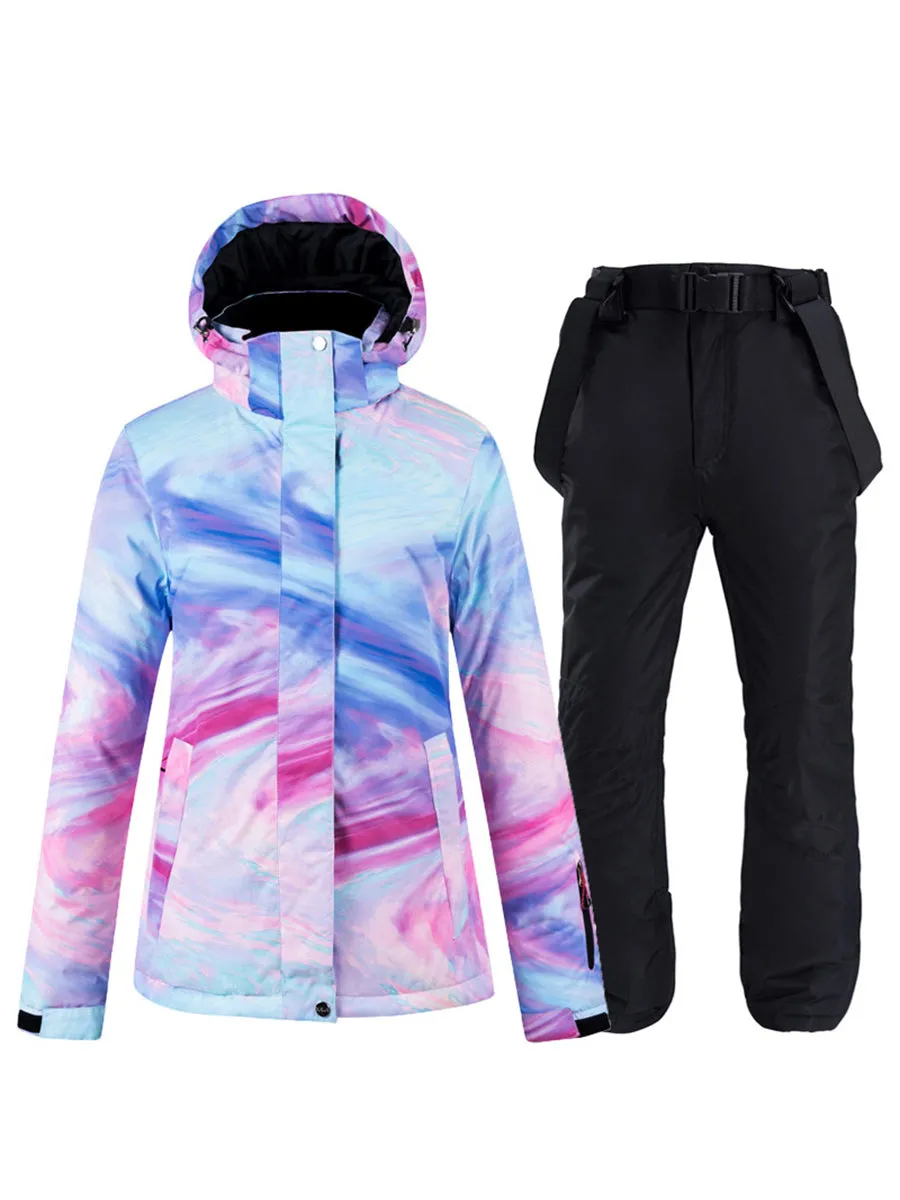 Colorful Women Hooded  Ski Jacket & Bib Pants