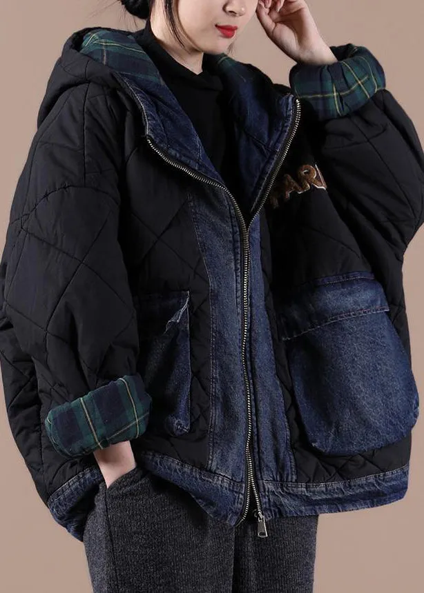 Fine black Parkas for women Loose fitting snow jackets hooded patchwork plaid winter outwear