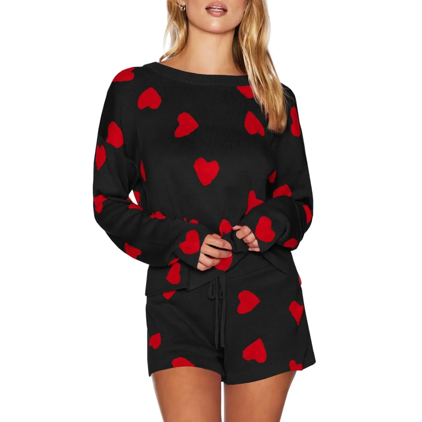 Heart Print Long Sleeve Drawstring Shorts Soft Pajamas