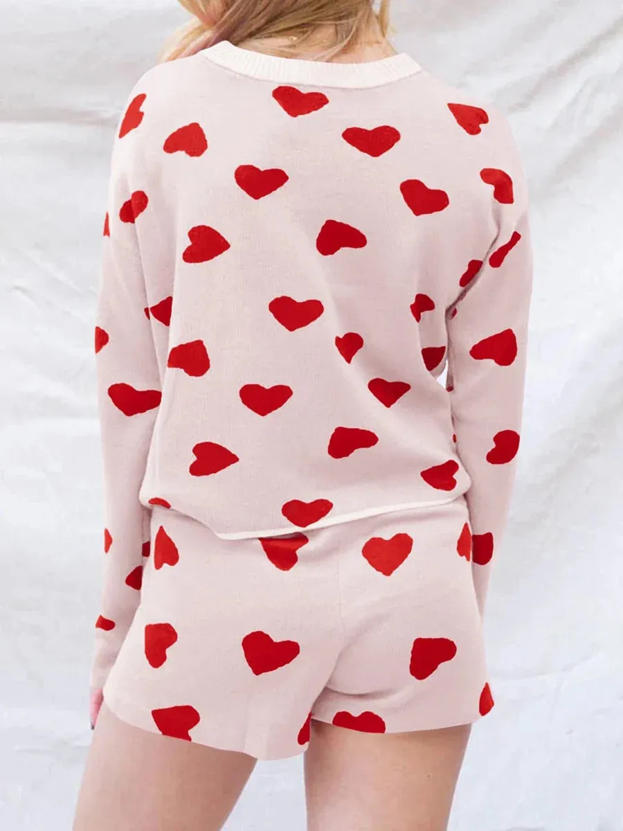 Heart Print Long Sleeve Drawstring Shorts Soft Pajamas