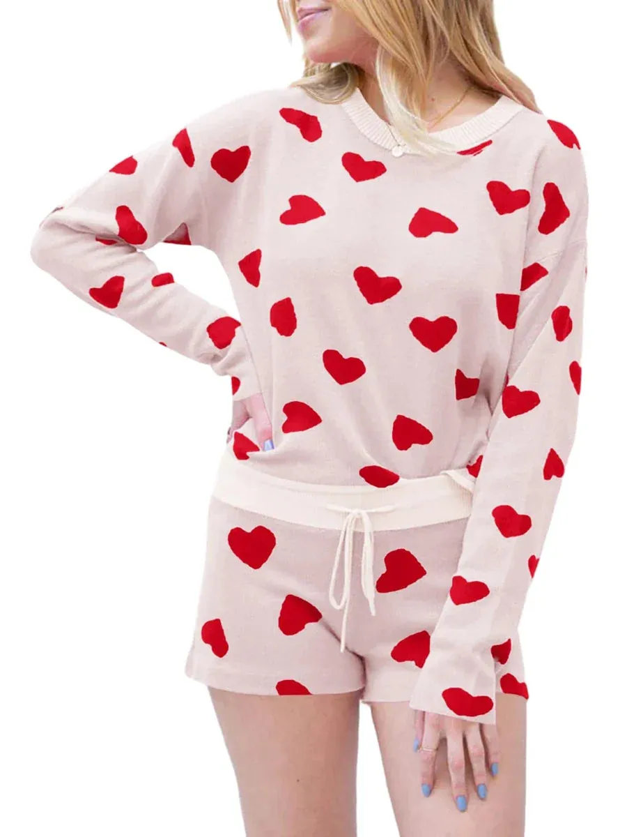 Heart Print Long Sleeve Drawstring Shorts Soft Pajamas