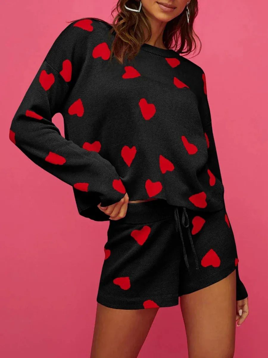 Heart Print Long Sleeve Drawstring Shorts Soft Pajamas