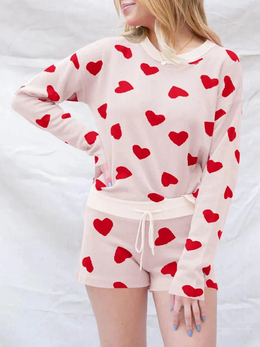 Heart Print Long Sleeve Drawstring Shorts Soft Pajamas