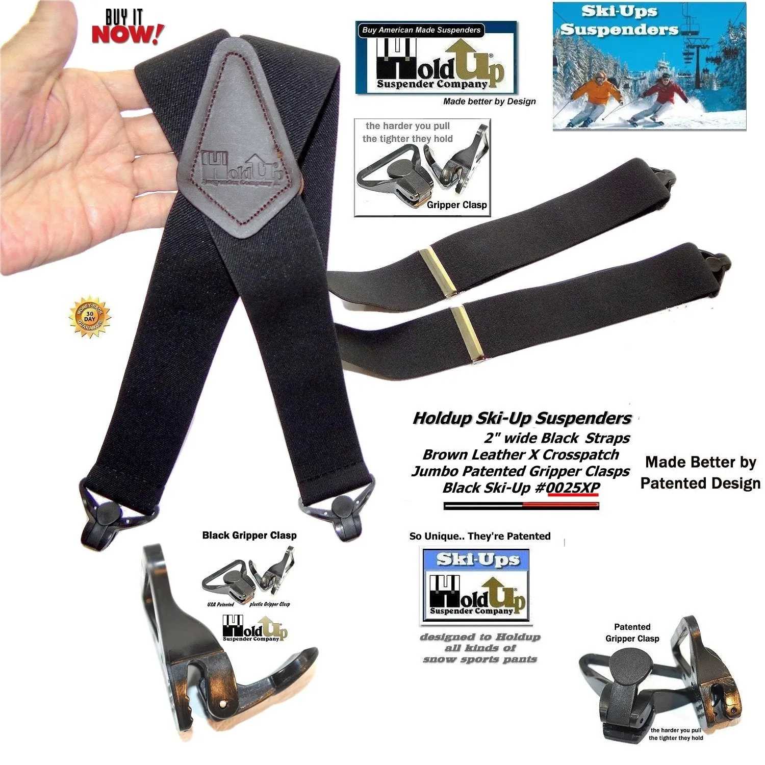 Holdup Brand 2 inch wide Black X-Back Ski-Up Suspenders With USA patented Jumbo Black Gripper Clasps