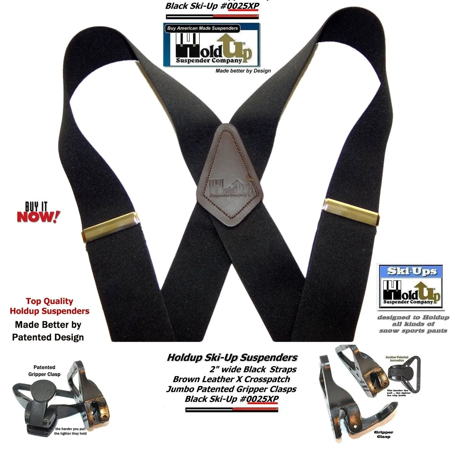 Holdup Brand 2 inch wide Black X-Back Ski-Up Suspenders With USA patented Jumbo Black Gripper Clasps