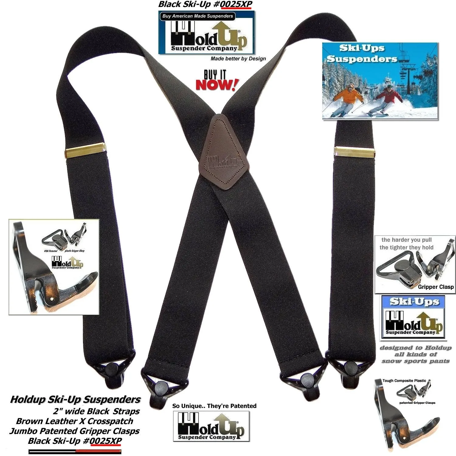 Holdup Brand 2 inch wide Black X-Back Ski-Up Suspenders With USA patented Jumbo Black Gripper Clasps