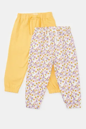 Infant Girls Ivory And Mustard Solid And Print Active Pants (2 Piece)