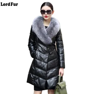 Luxury Genuine Sheepskin Leather Suede Down Parkas Coat Jacket Fox Fur Collar Winter Women Slim