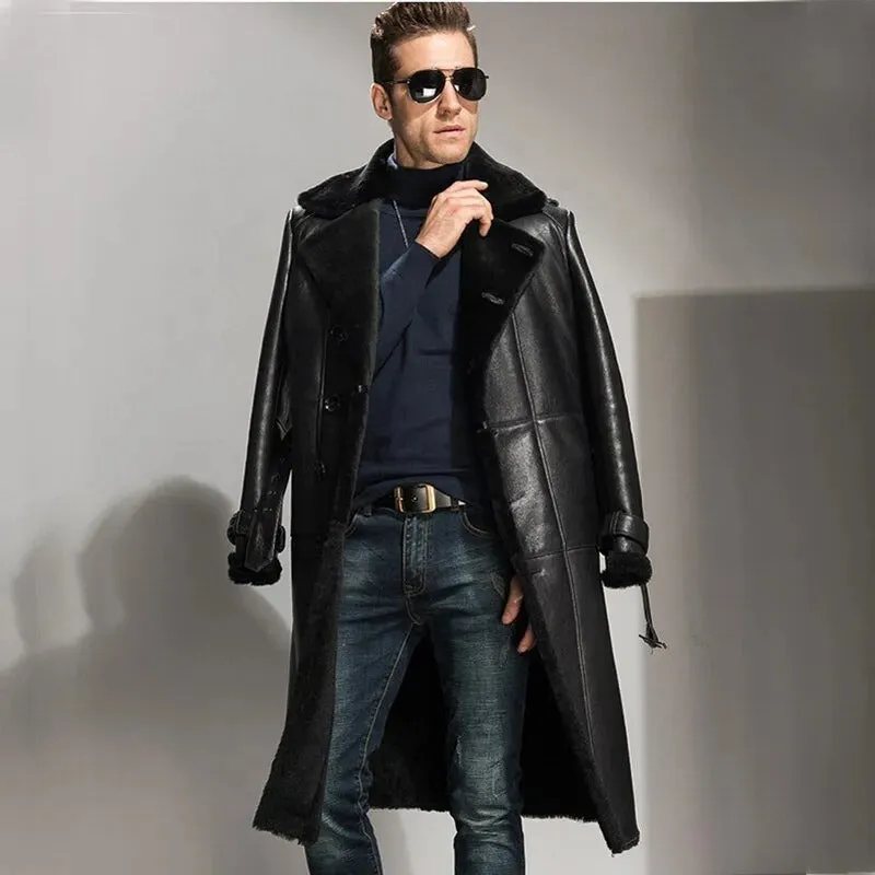 Men's Black Sheepskin Shearling Coat - Long Leather Overcoat