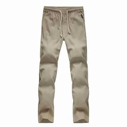 Mens Breathable Loose Cotton Linen Solid Color Pants With Drawstring