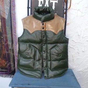 Men's Casual Sleeveless Stand Collar Genuine Leather Waistcoat