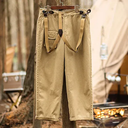 Men's Suspender Pants Loose Straight Multi-pockets Khaki Overalls