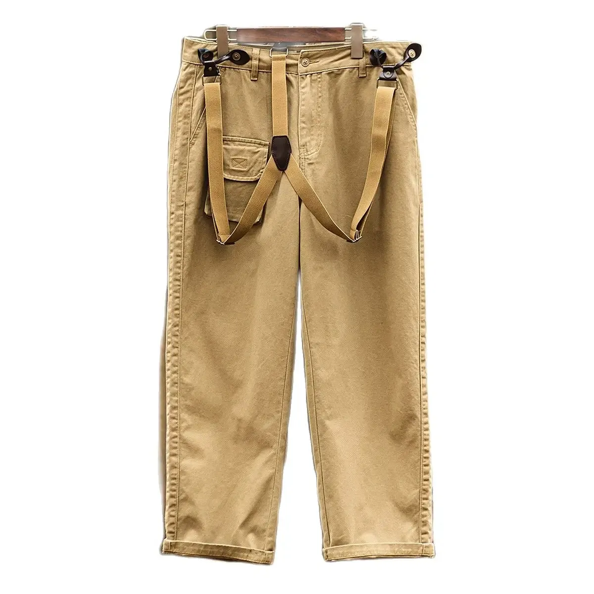 Men's Suspender Pants Loose Straight Multi-pockets Khaki Overalls