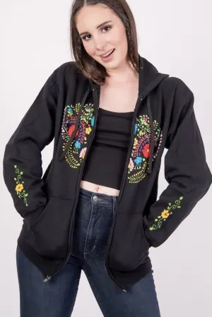 Mexican Handmade Floral Embroidered Zippered Hoodie Black