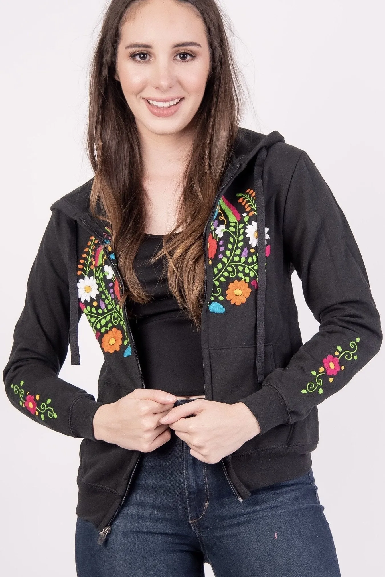 Mexican Handmade Floral Embroidered Zippered Hoodie Black