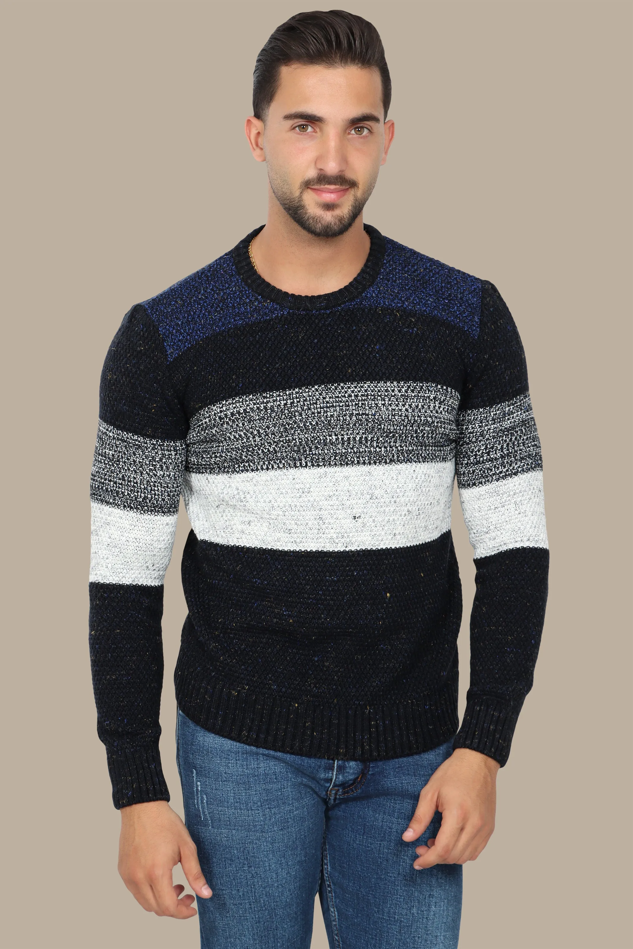 Navy Mercerized Sweater with White Stripes