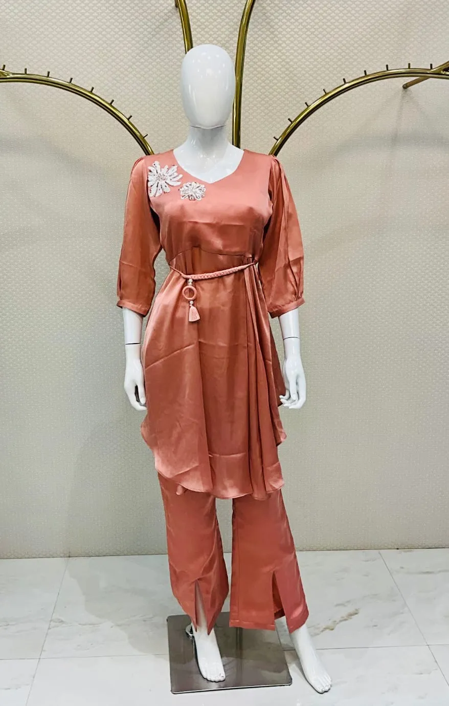 ORANGE COLORED TWO PIECE PALAZZO SET IN SILK FABRIC