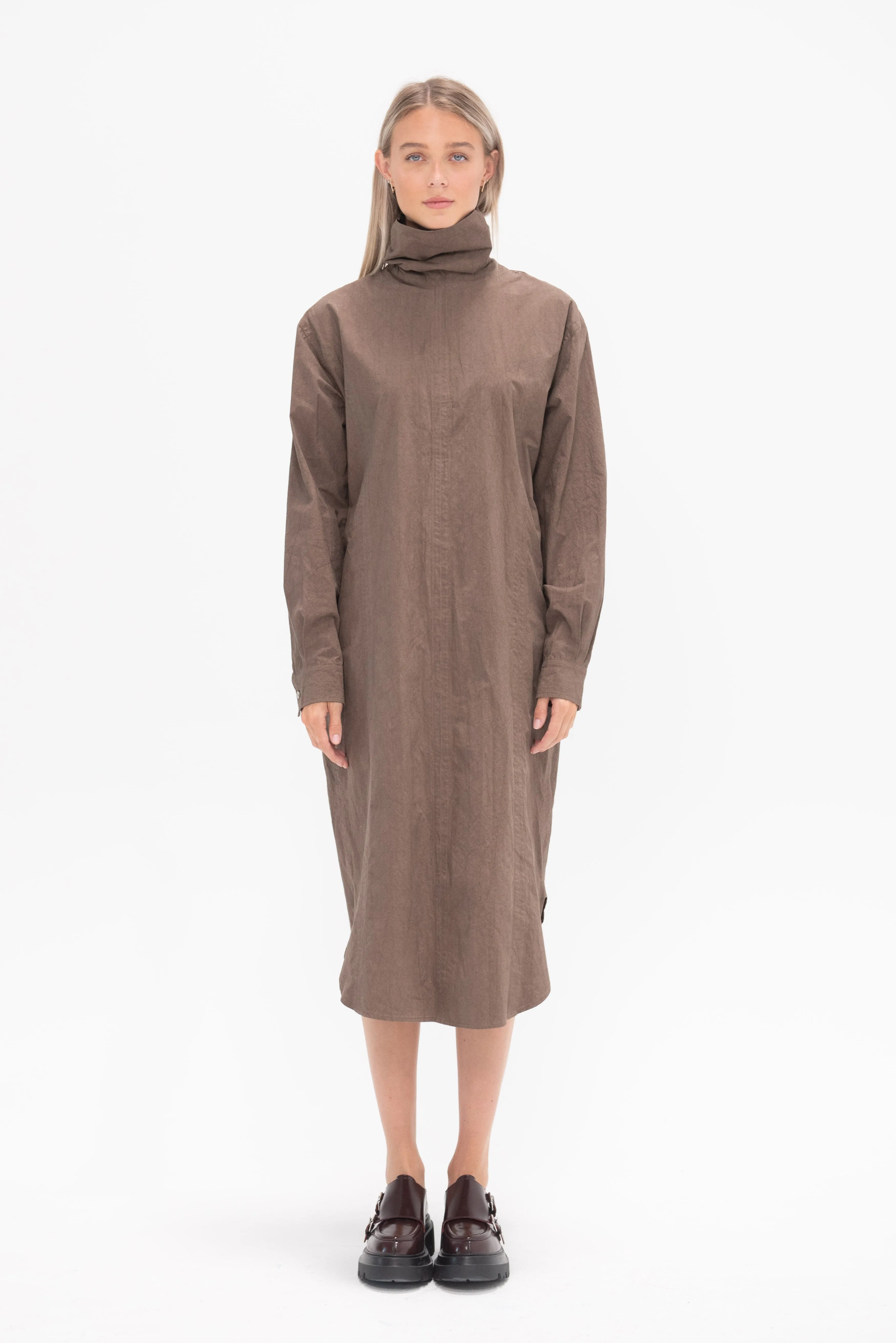 Soft Collar Shirt Dress, Cocoa