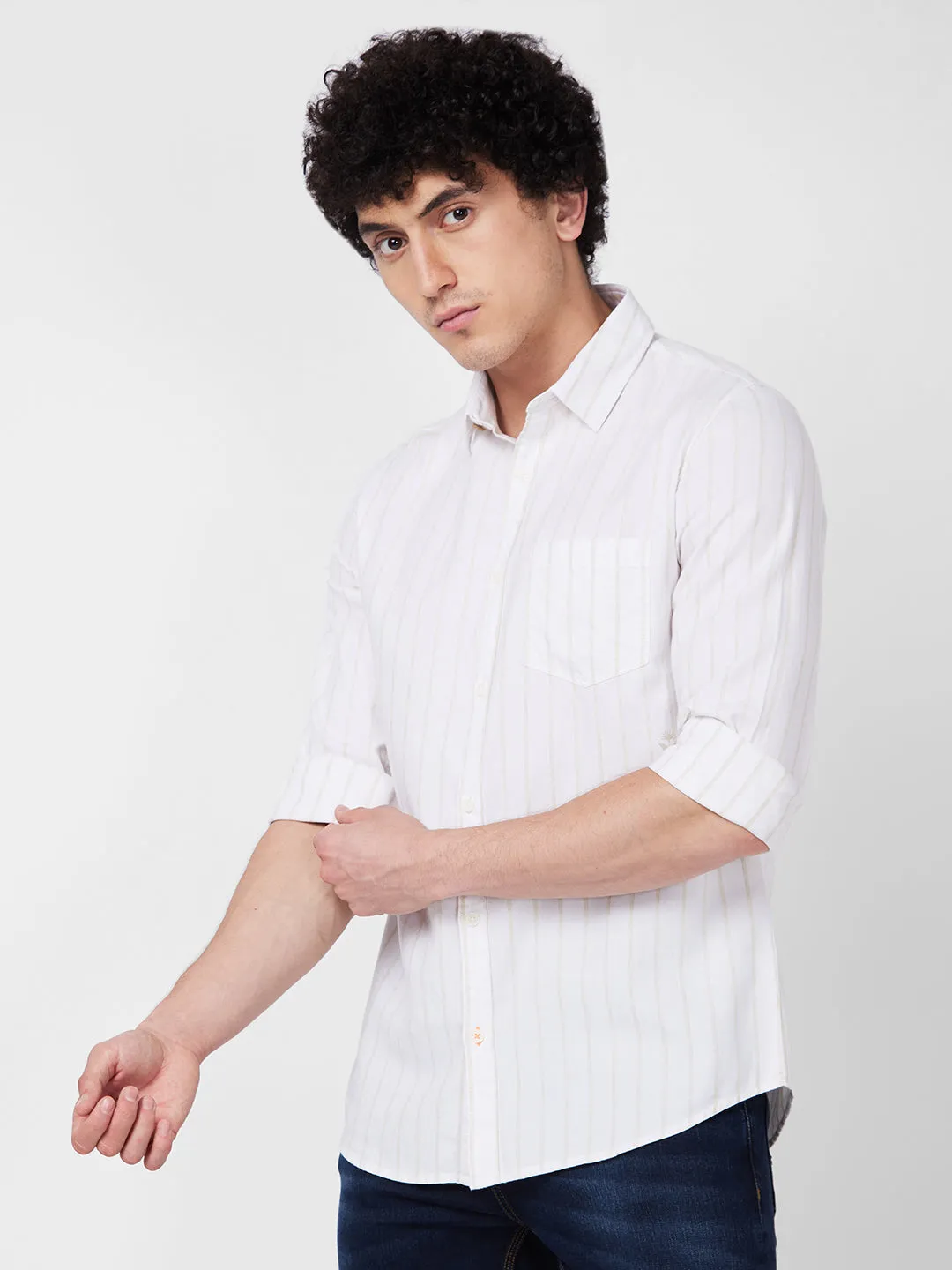 Spykar Beige STRIPED FULL SLEEVE Shirt For Men