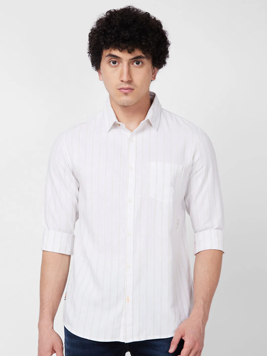 Spykar Beige STRIPED FULL SLEEVE Shirt For Men