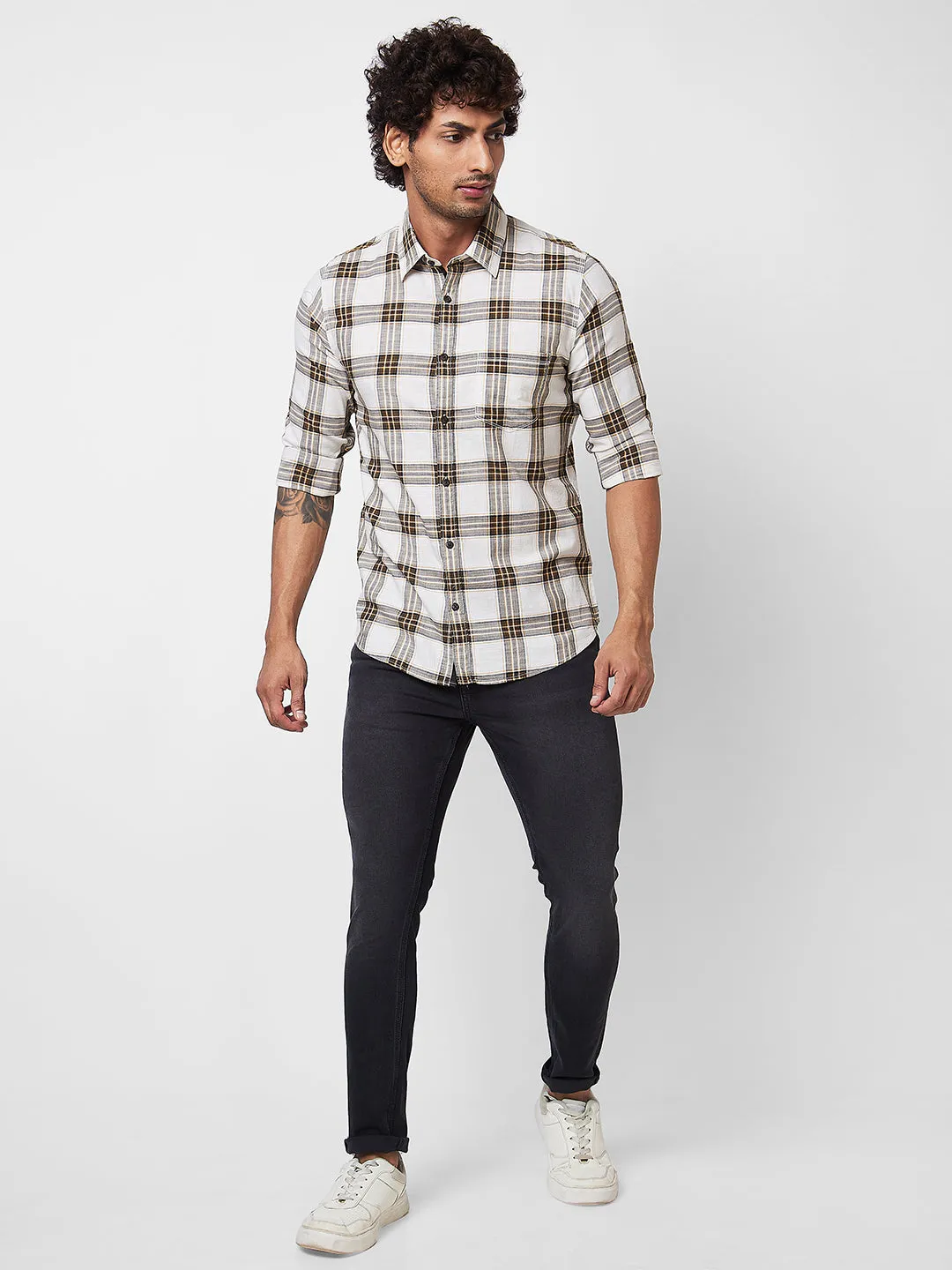 Spykar Green CHECKED FULL SLEEVE Shirt For Men