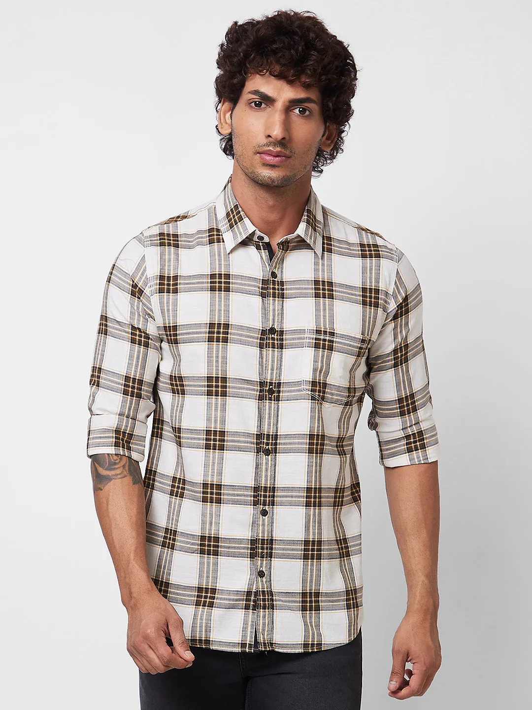 Spykar Green CHECKED FULL SLEEVE Shirt For Men