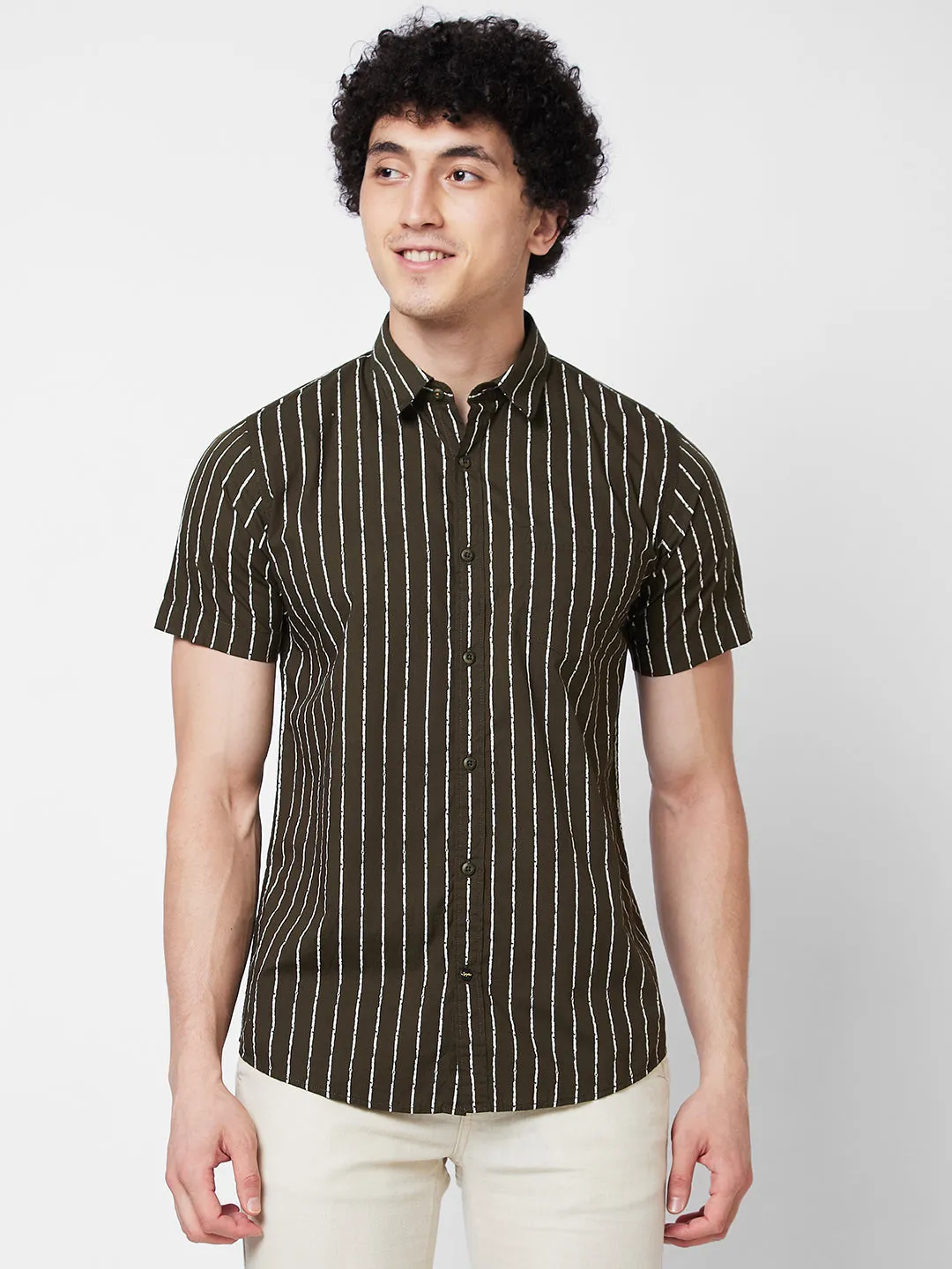 Spykar Green STRIPED HALF SLEEVE Shirt For Men