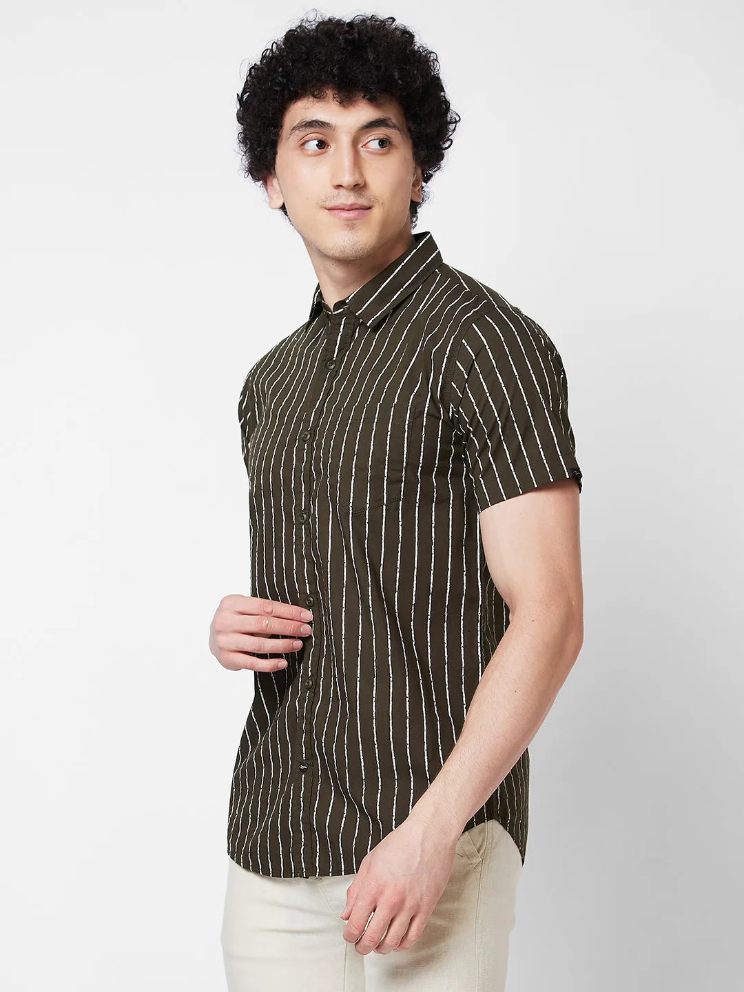 Spykar Green STRIPED HALF SLEEVE Shirt For Men