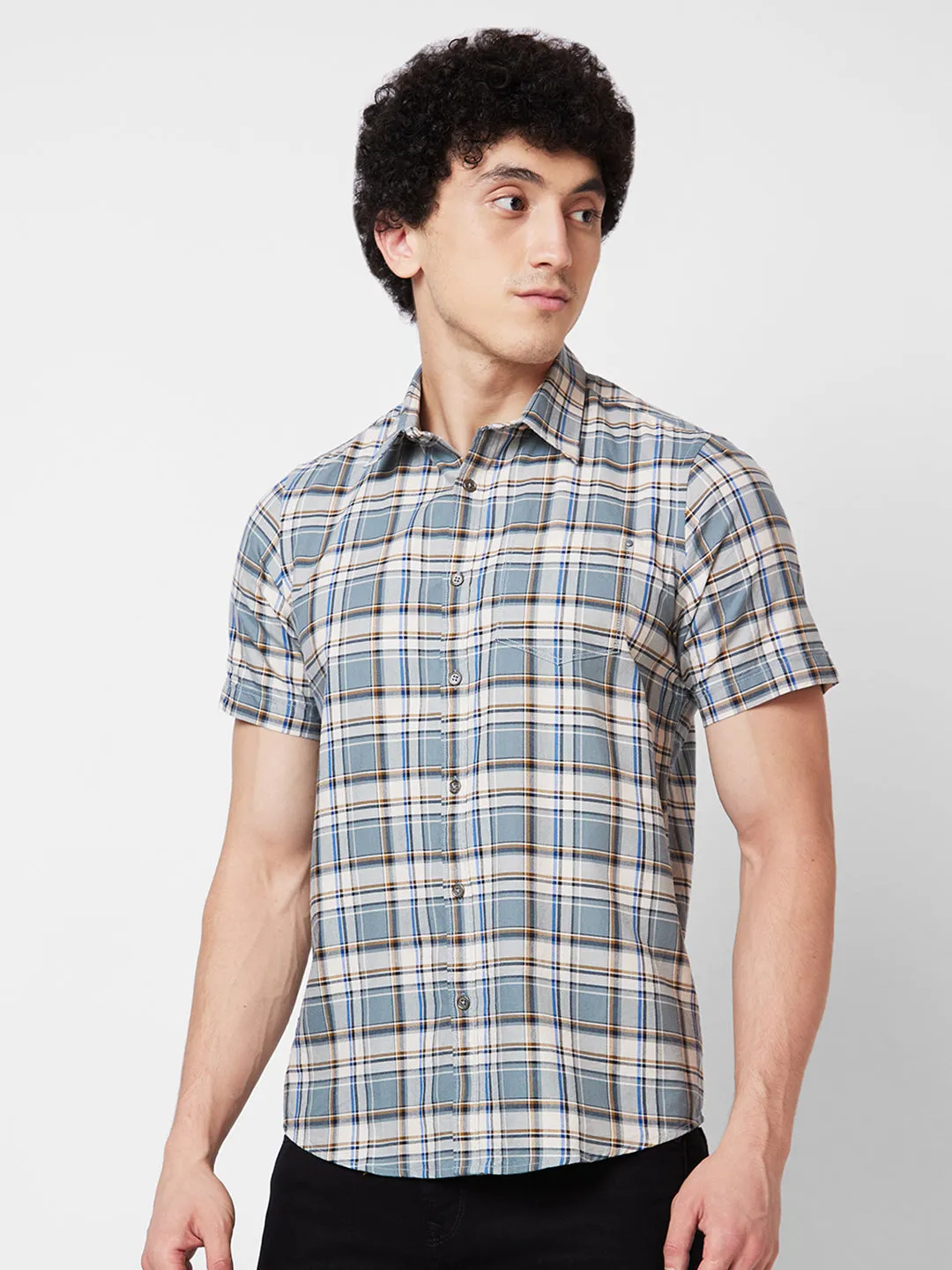 Spykar Grey CHECKED HALF SLEEVE Shirt For Men