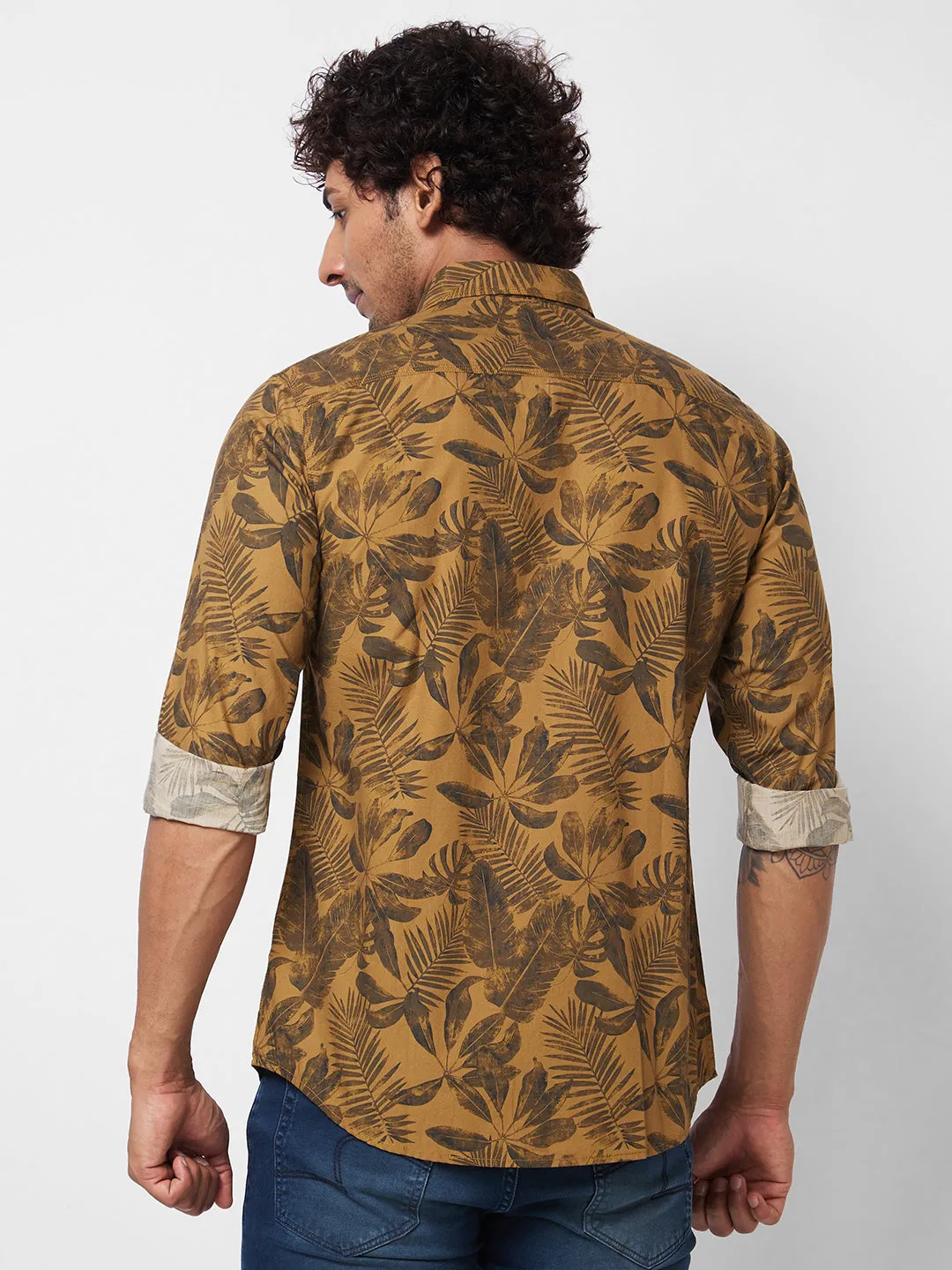 Spykar Khaki PRINTED FULL SLEEVE Shirt For Men