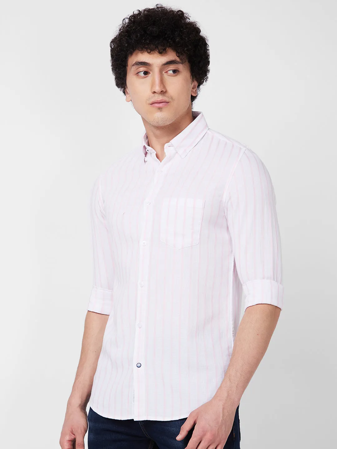 Spykar Pink STRIPED FULL SLEEVE Shirt For Men