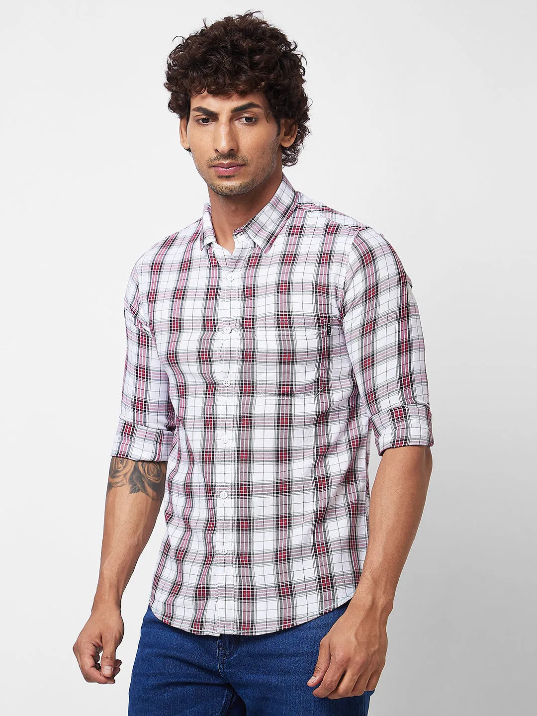 Spykar Red CHECKED FULL SLEEVE Shirt For Men