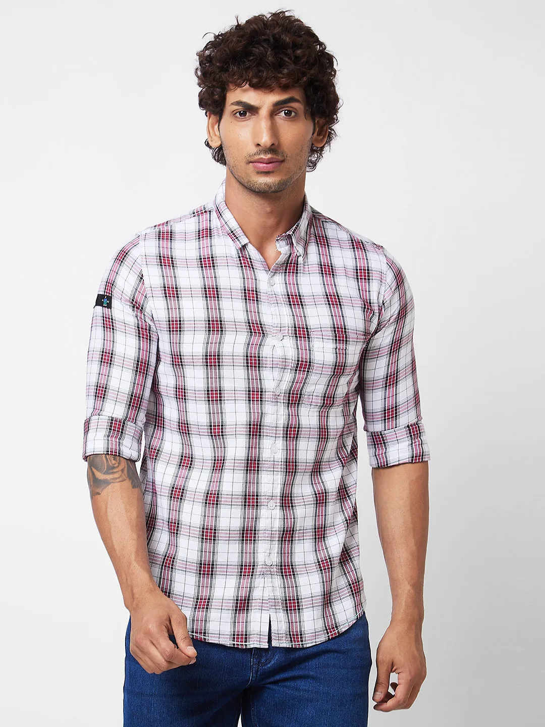 Spykar Red CHECKED FULL SLEEVE Shirt For Men