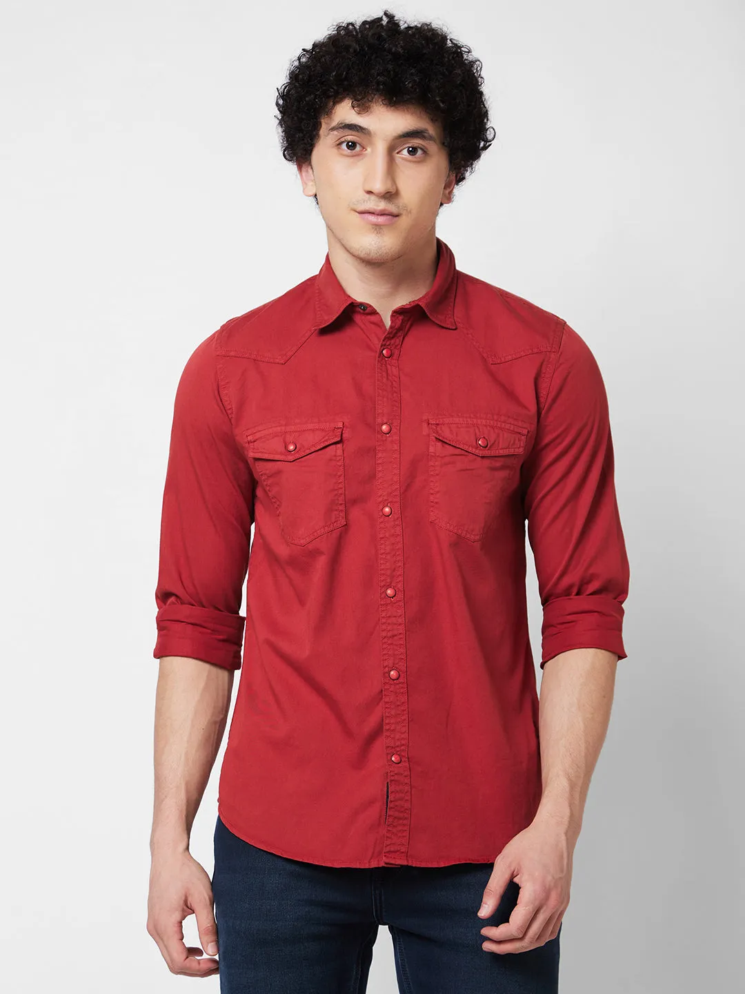 Spykar Red SOLID FULL SLEEVE Shirt For Men