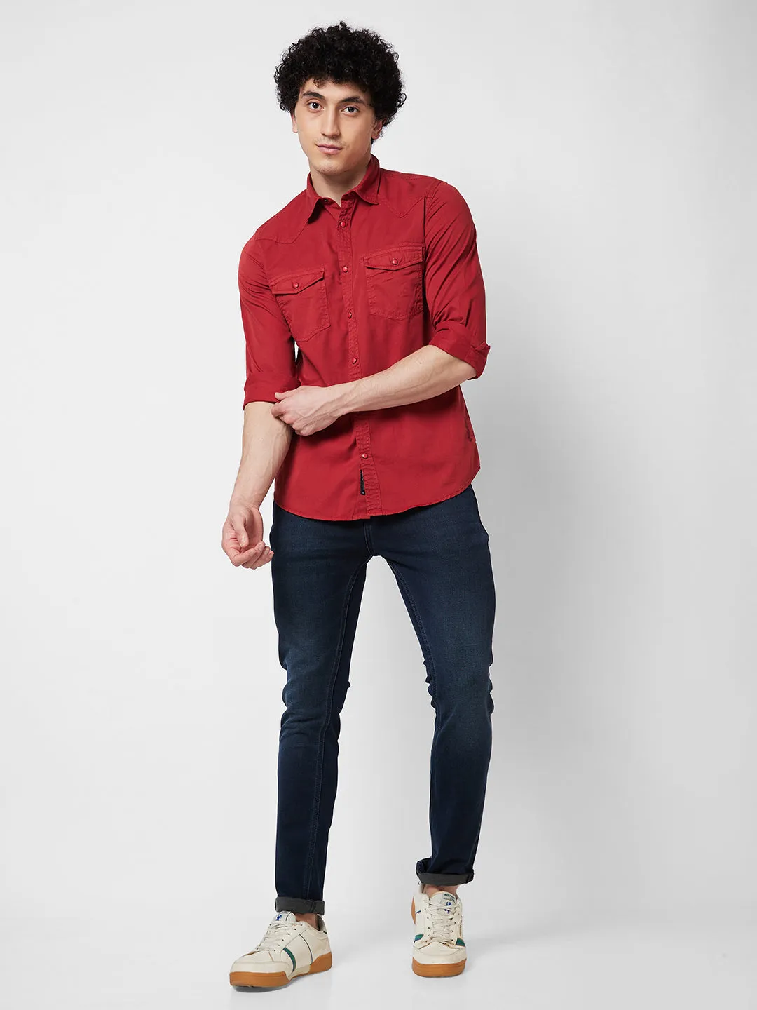 Spykar Red SOLID FULL SLEEVE Shirt For Men