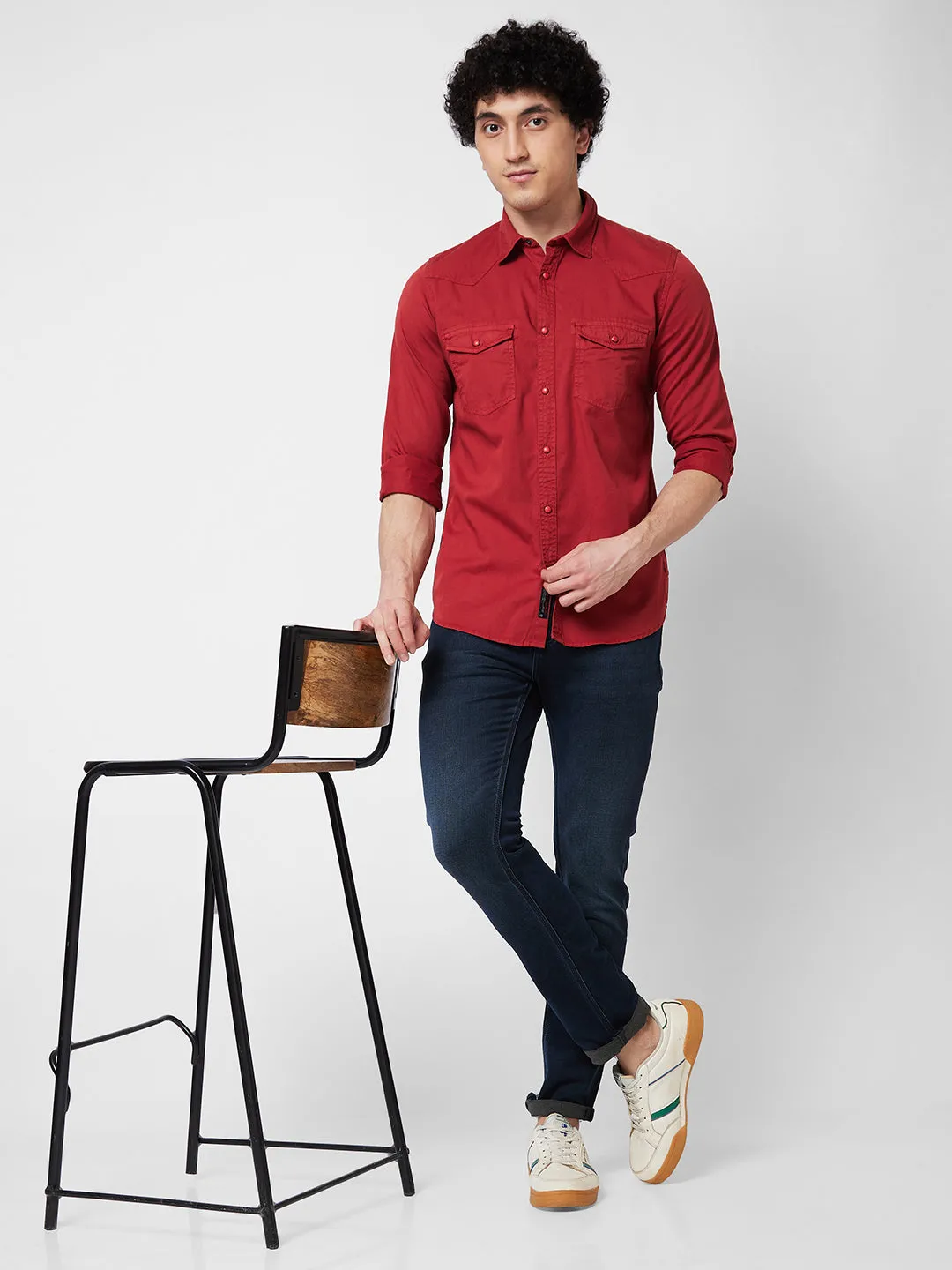 Spykar Red SOLID FULL SLEEVE Shirt For Men