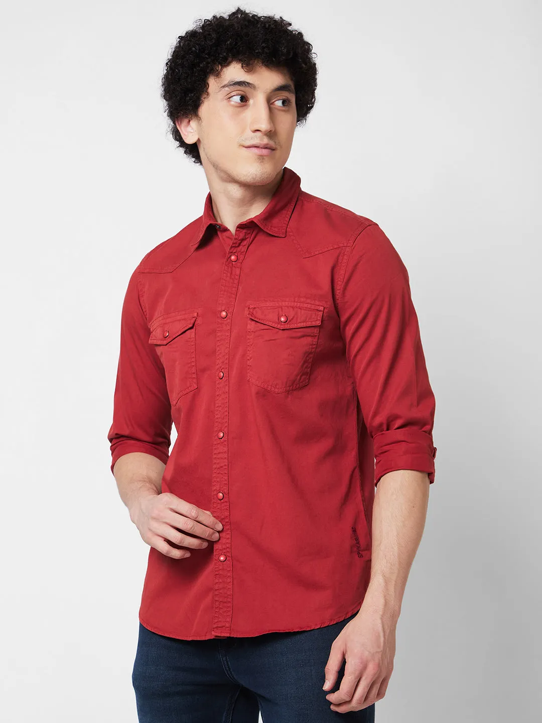 Spykar Red SOLID FULL SLEEVE Shirt For Men