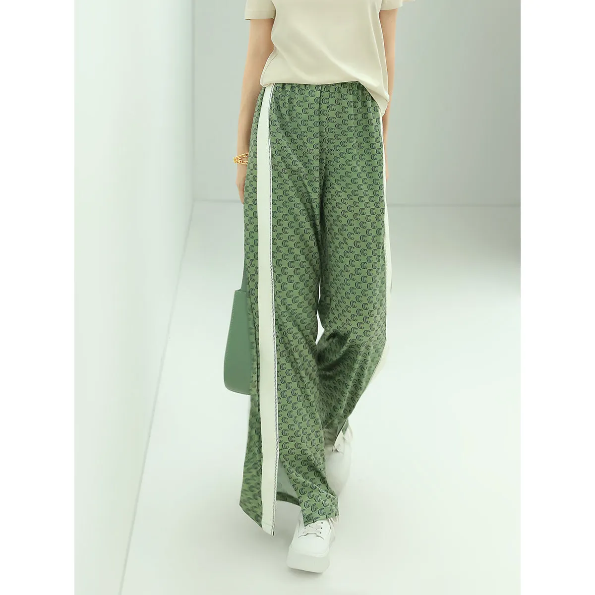 Stylish Monogram Satin Green Pants with Side Panel Slit