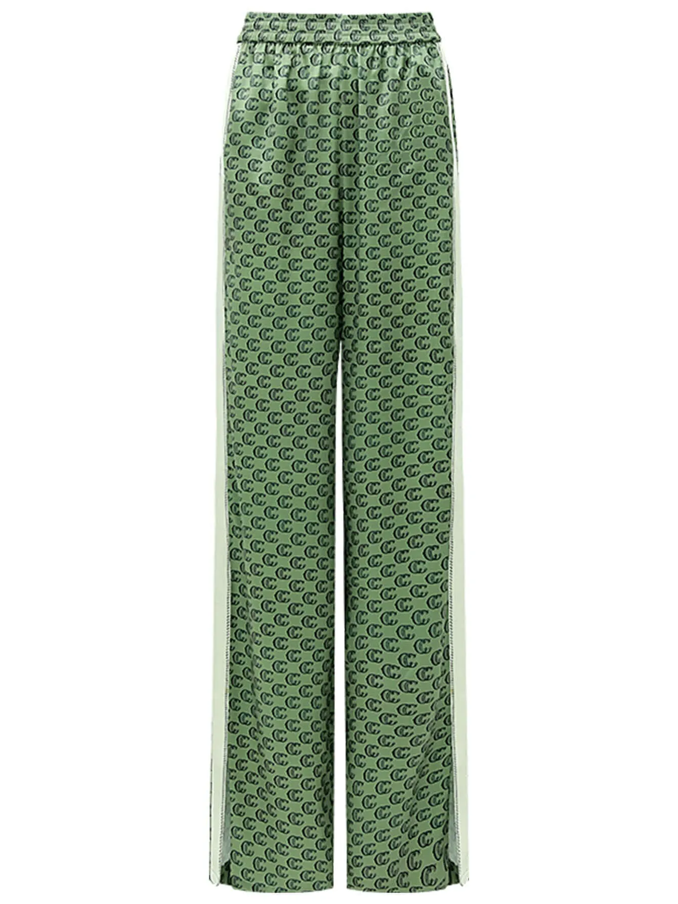 Stylish Monogram Satin Green Pants with Side Panel Slit