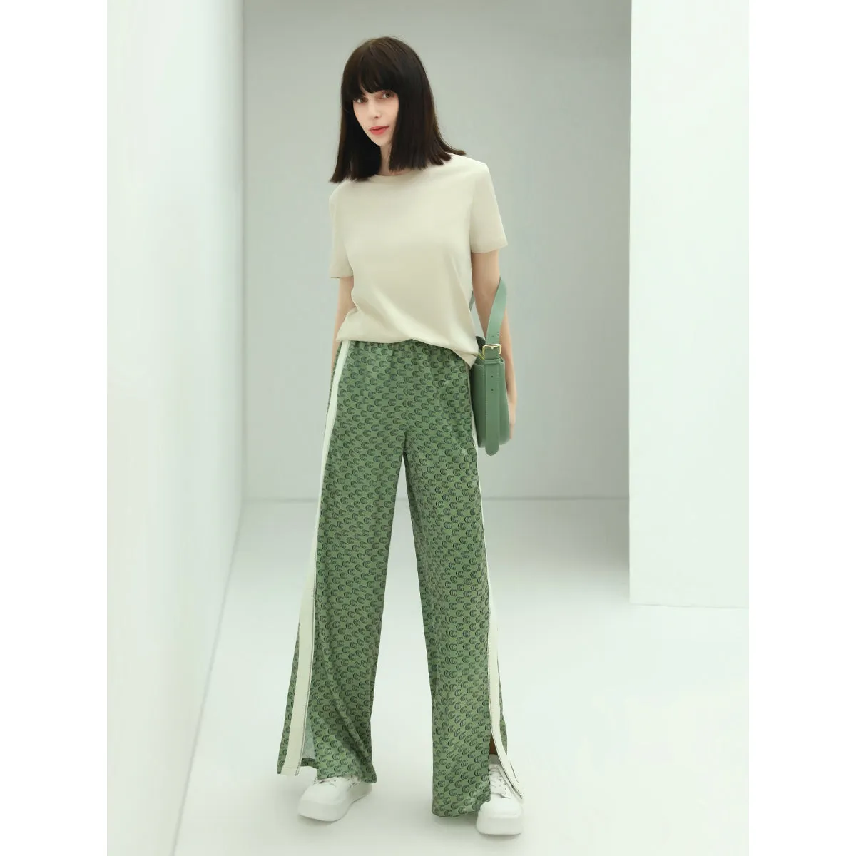 Stylish Monogram Satin Green Pants with Side Panel Slit