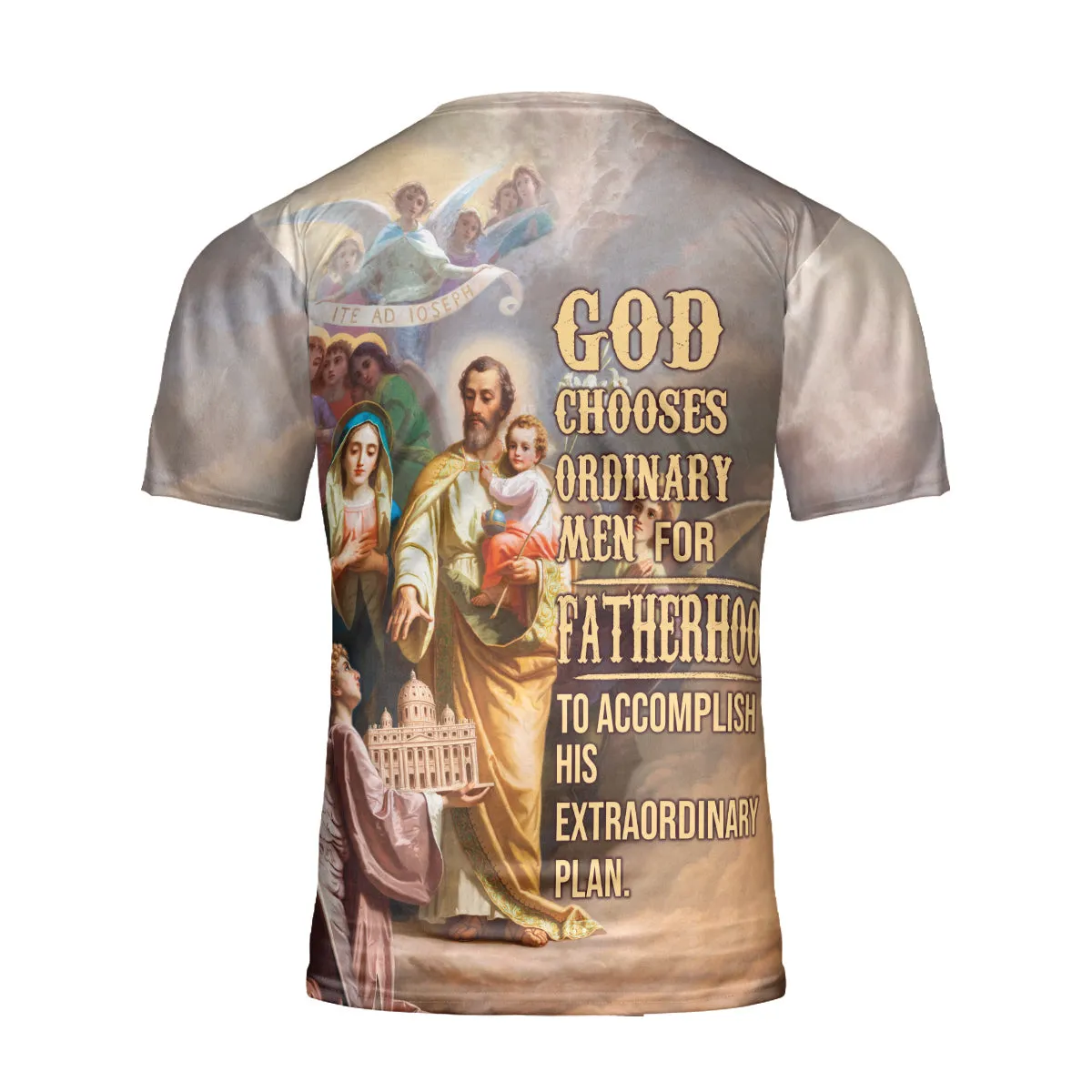 Teesdily | Holy Family Joseph Mary Jesus Graphic 3D Tshirt God Chooses Ordinary Men For Fatherhood All Over Print Tee Religious Gifts