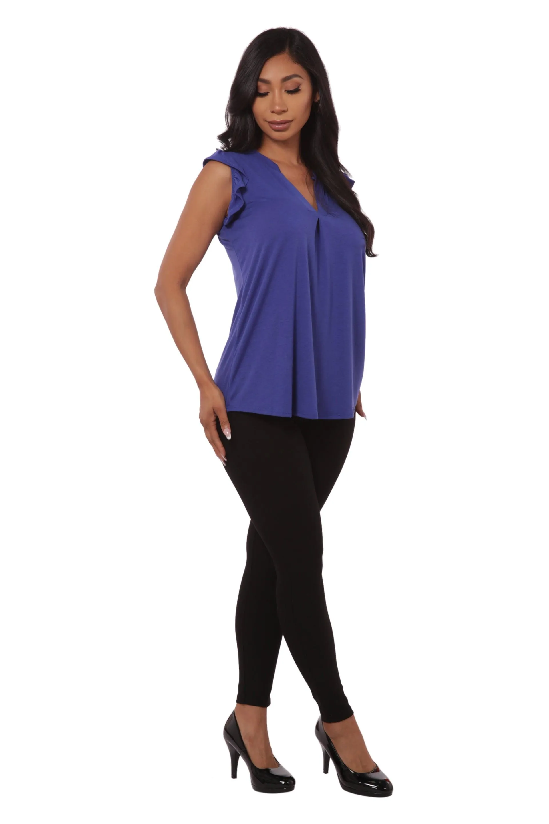 V-Neck Tops With Ruffle Armhole Detail - Blue