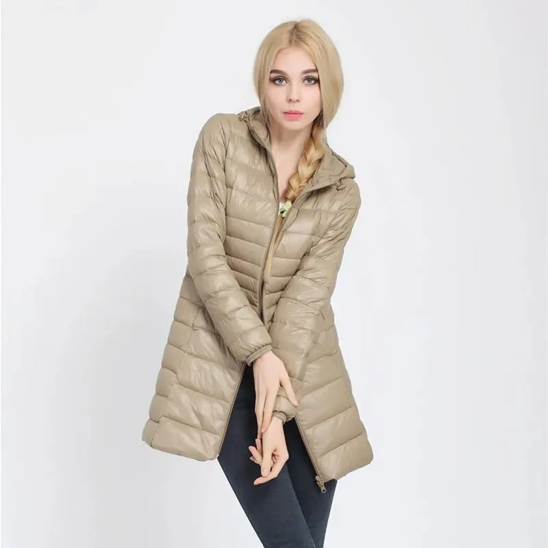 Women's Long Duck Down Parka Jackets Outwear Ultralight Hooded Thin Coat