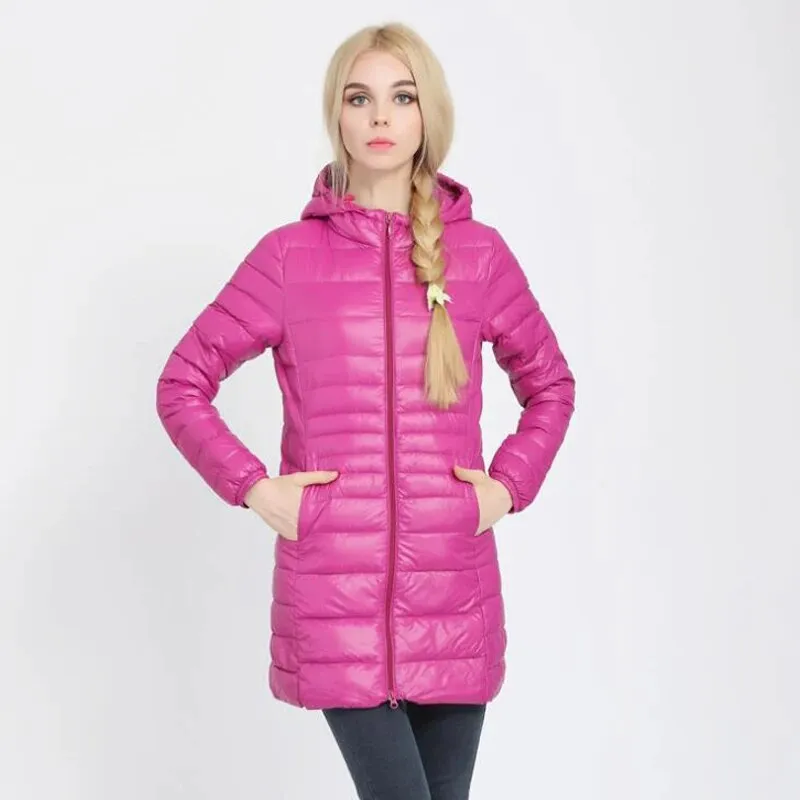 Women's Long Duck Down Parka Jackets Outwear Ultralight Hooded Thin Coat