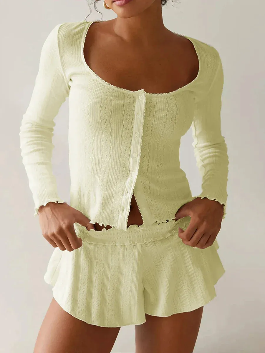 Y2k Ruffled Hem Long Sleeve Button Closure Loungewear Soft Pajamas