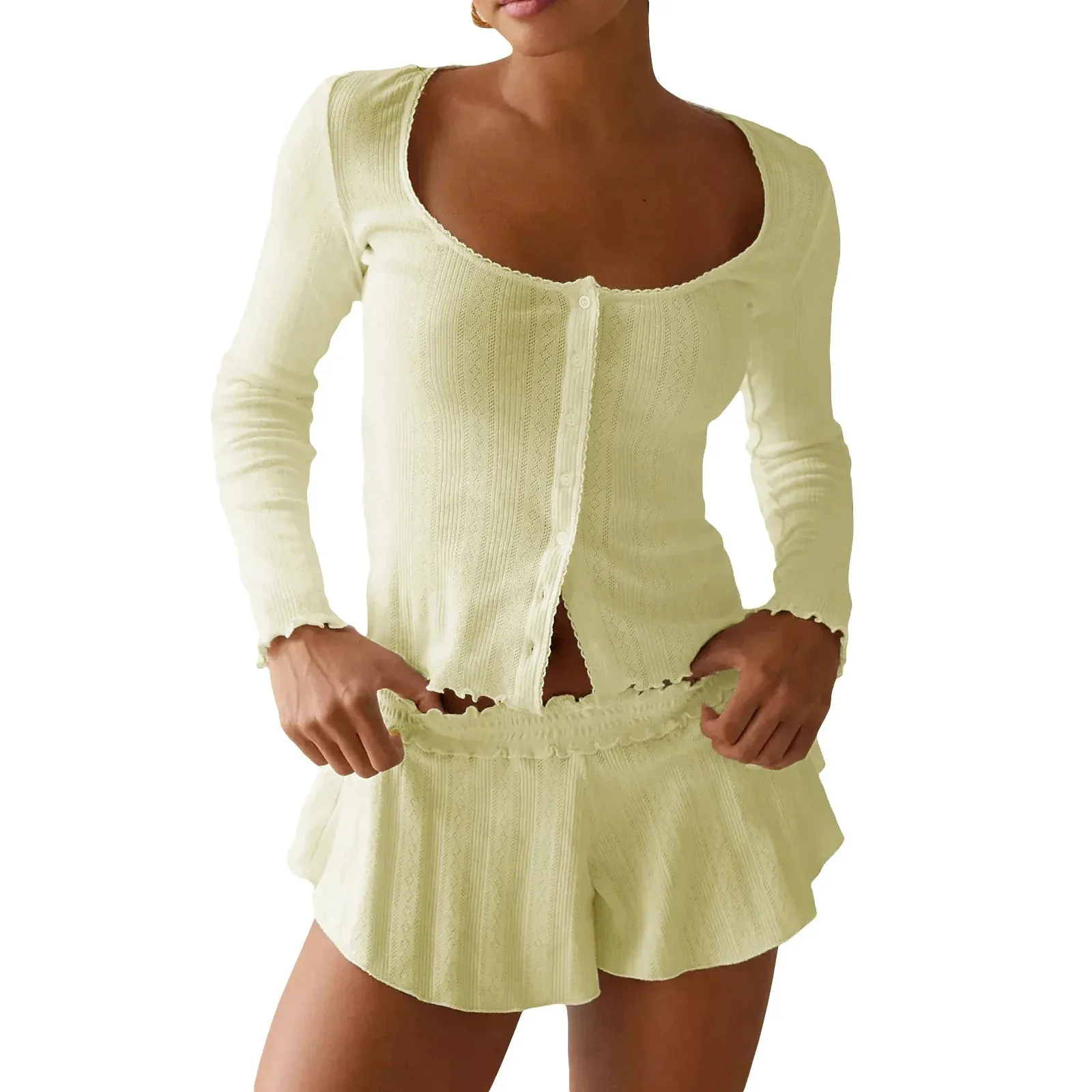 Y2k Ruffled Hem Long Sleeve Button Closure Loungewear Soft Pajamas